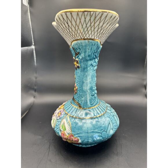 H Bequet Quaregnon Hand Painted Blue Gold Trim Pitcher Vase Belgium Anemone - Picture 3 of 10